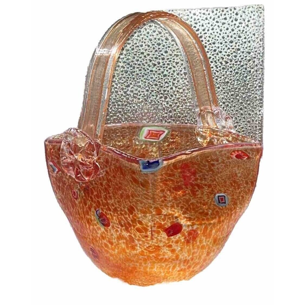Art Glass Mottled Orange Basket 9 Inches Tall Applied Handles